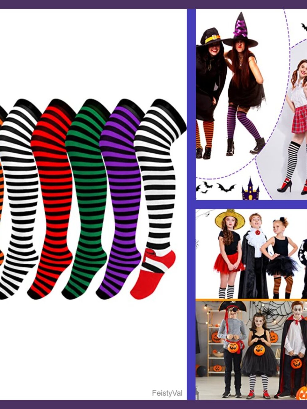 6 Pairs Halloween Striped Knee High Socks Polyester Spandex Cosplay
